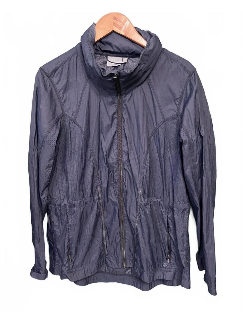Athleta Distance Jacket Navy Blue Packable Windbreaker Hidden Hood Gorpcore Sz L